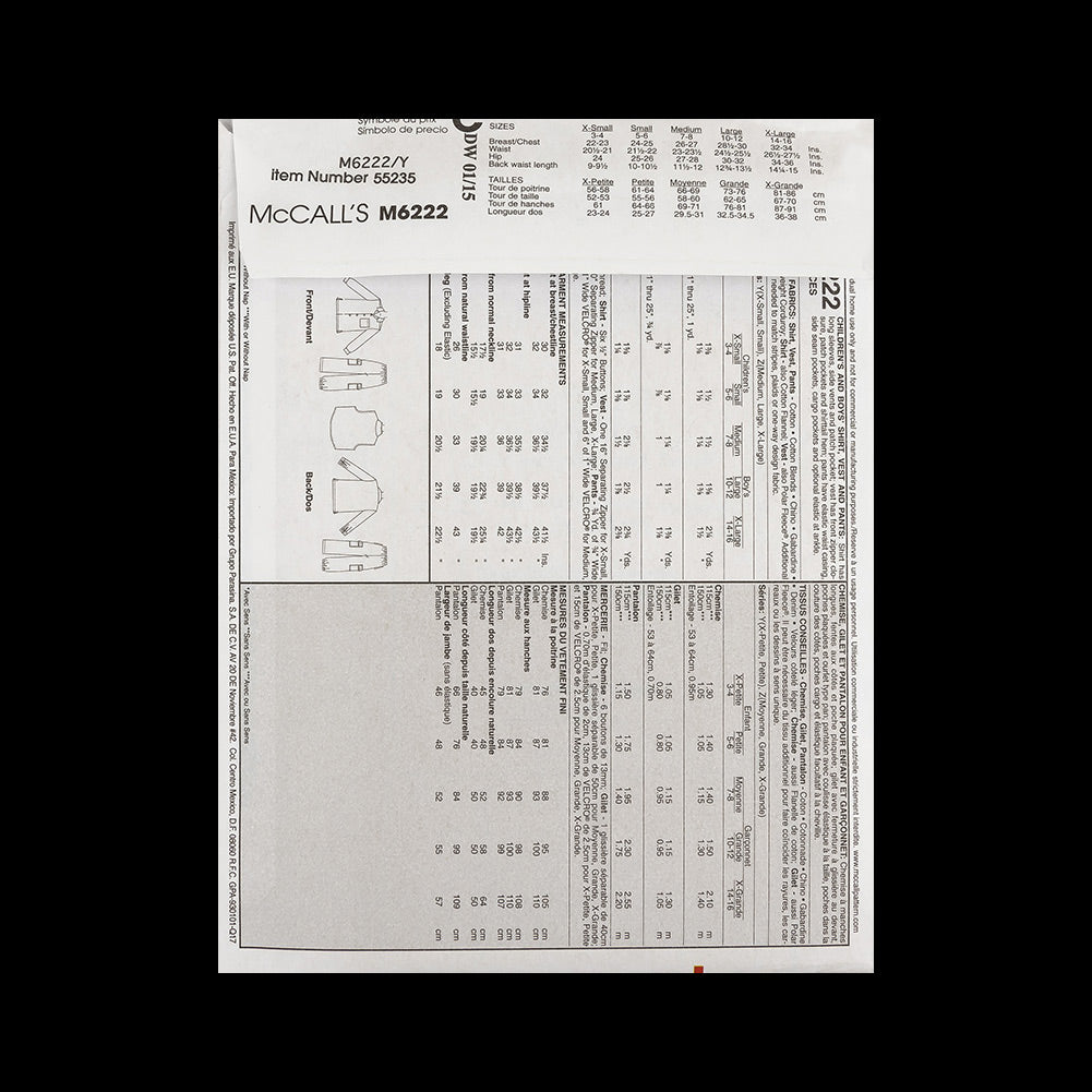 McCall's Boy's Shirt, Vest and Pants Pattern M6222 Size Y (XSM-SML) - Joann Fabrics
