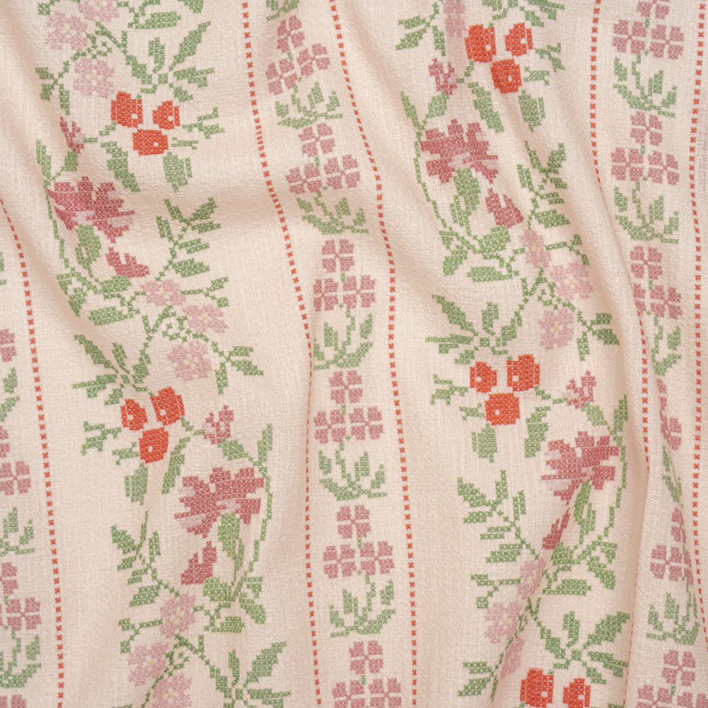 Slubbed Gauzy Cotton Woven - Pale Peach, Pink and Green Cross Stitch Berries and Flowers Stripes - Mood Exclusive Needlepoint Petals Print - Joann Fabrics