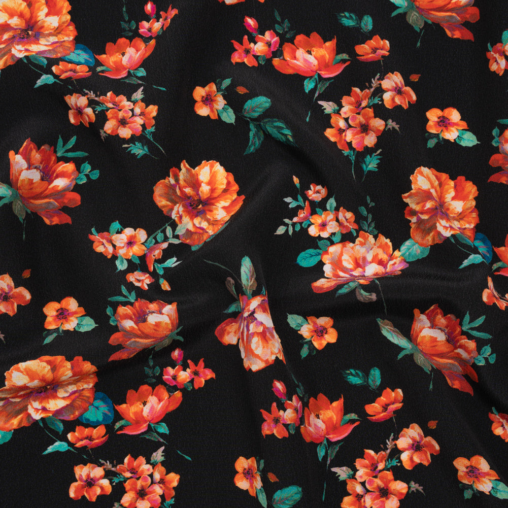 Silk Crepe de Chine Print Made in Italy - Black, Red and Green Scattered Flowers - Deadstock - Joann Fabrics