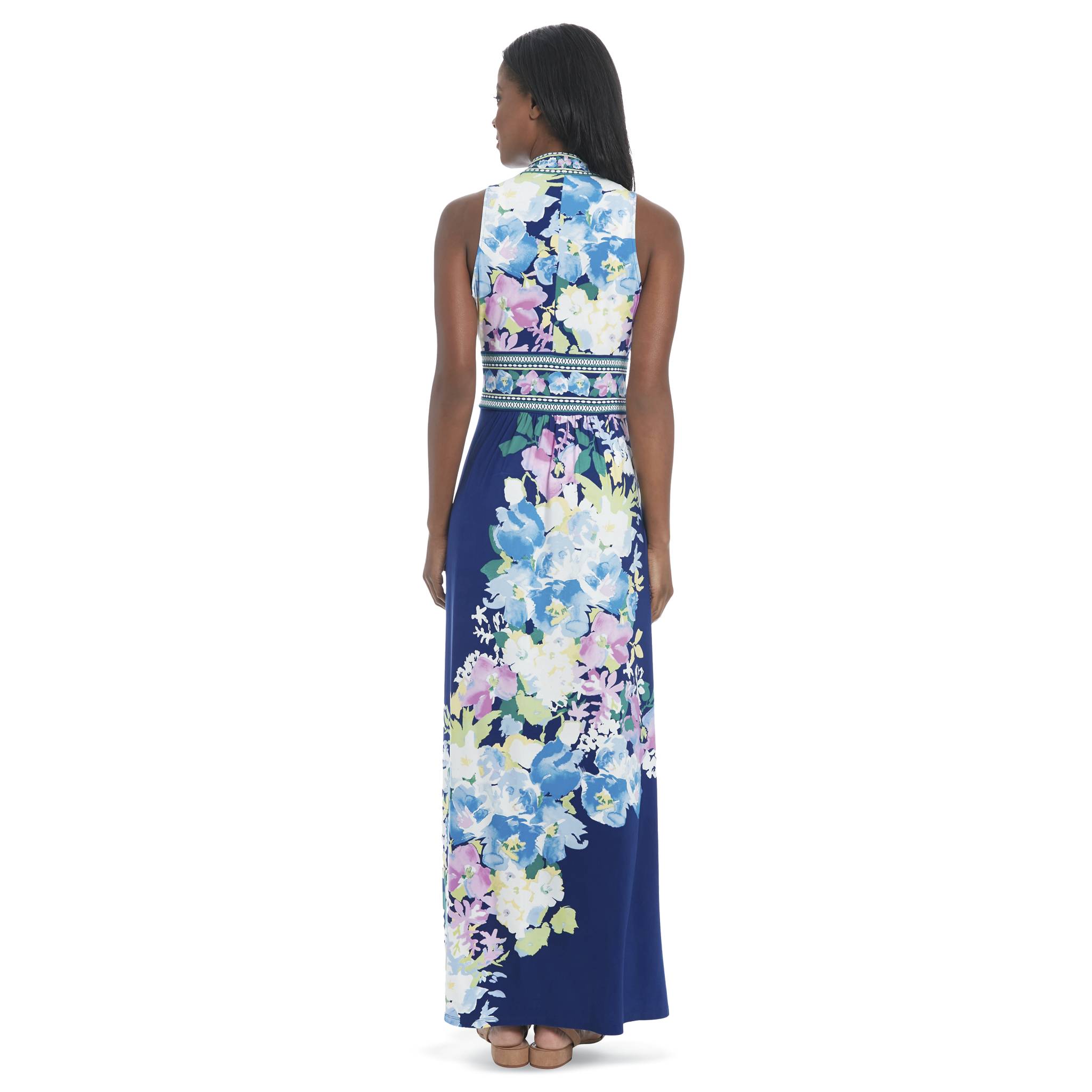 V-Neck Floral Maxi Dress, Inset Waistband, Sleeveless - Northstyle Catalog