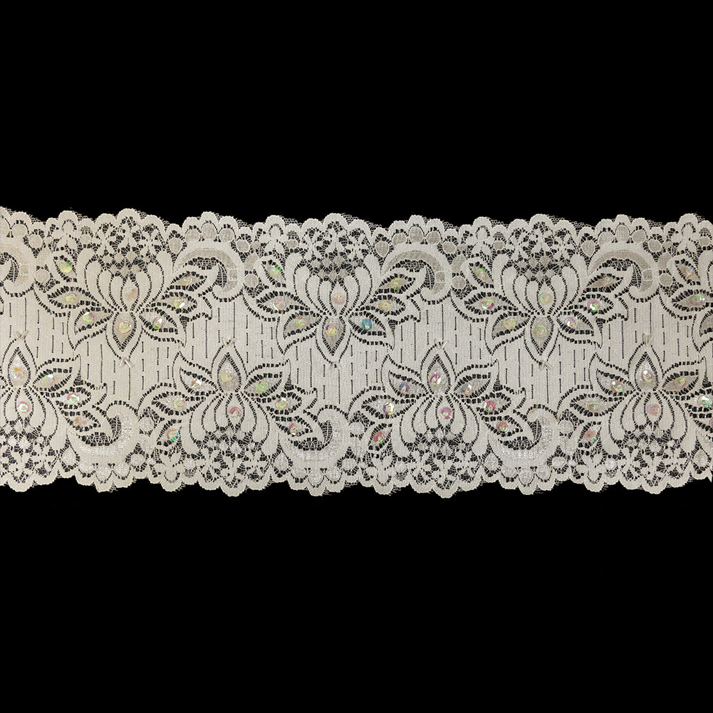 White and Iridescent Beaded and Sequined Floral Stretch Lace Trim - 6