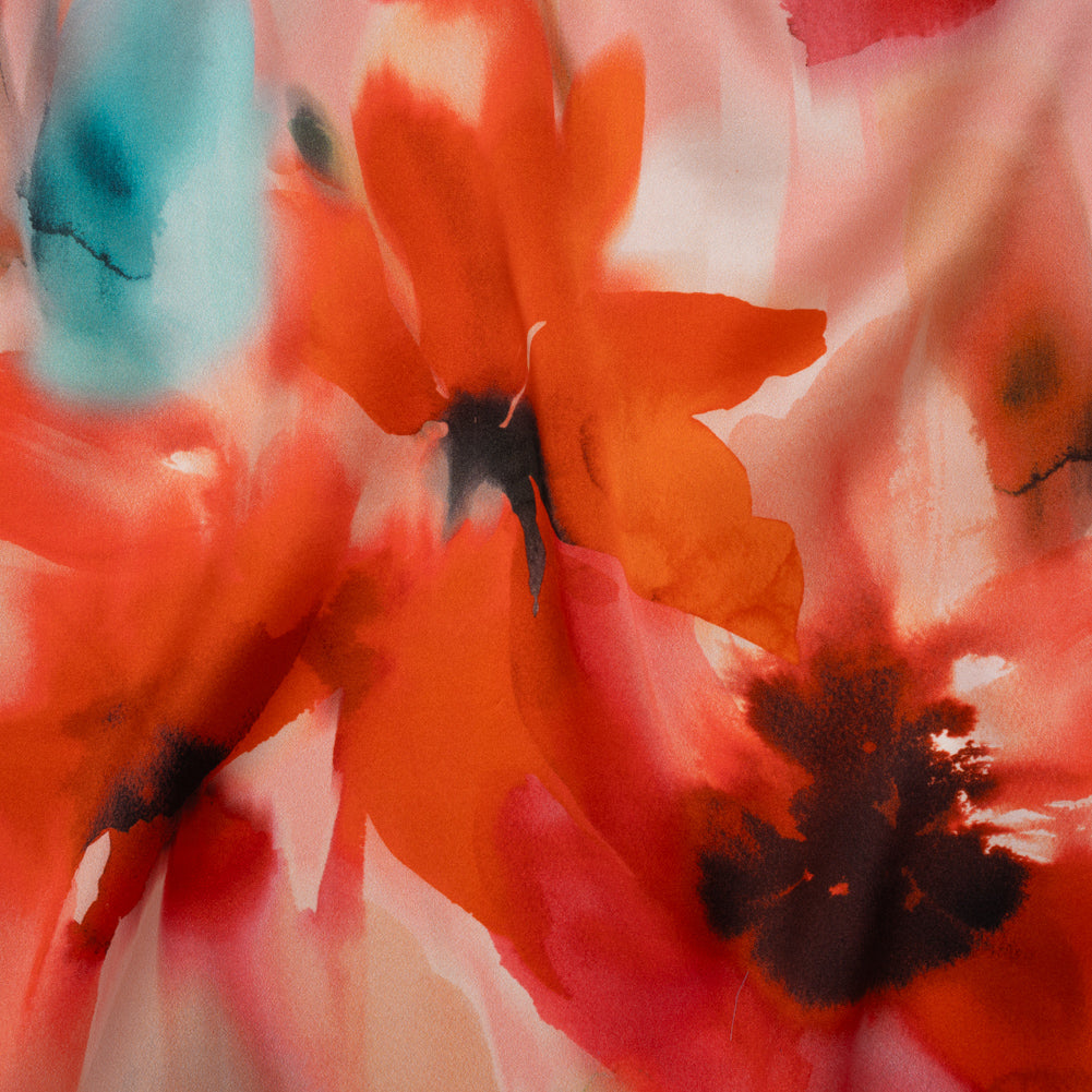 Silk Charmeuse Print 16MM, Made in Italy - Red and Pink Soft Watercolor Florals - Joann Fabrics