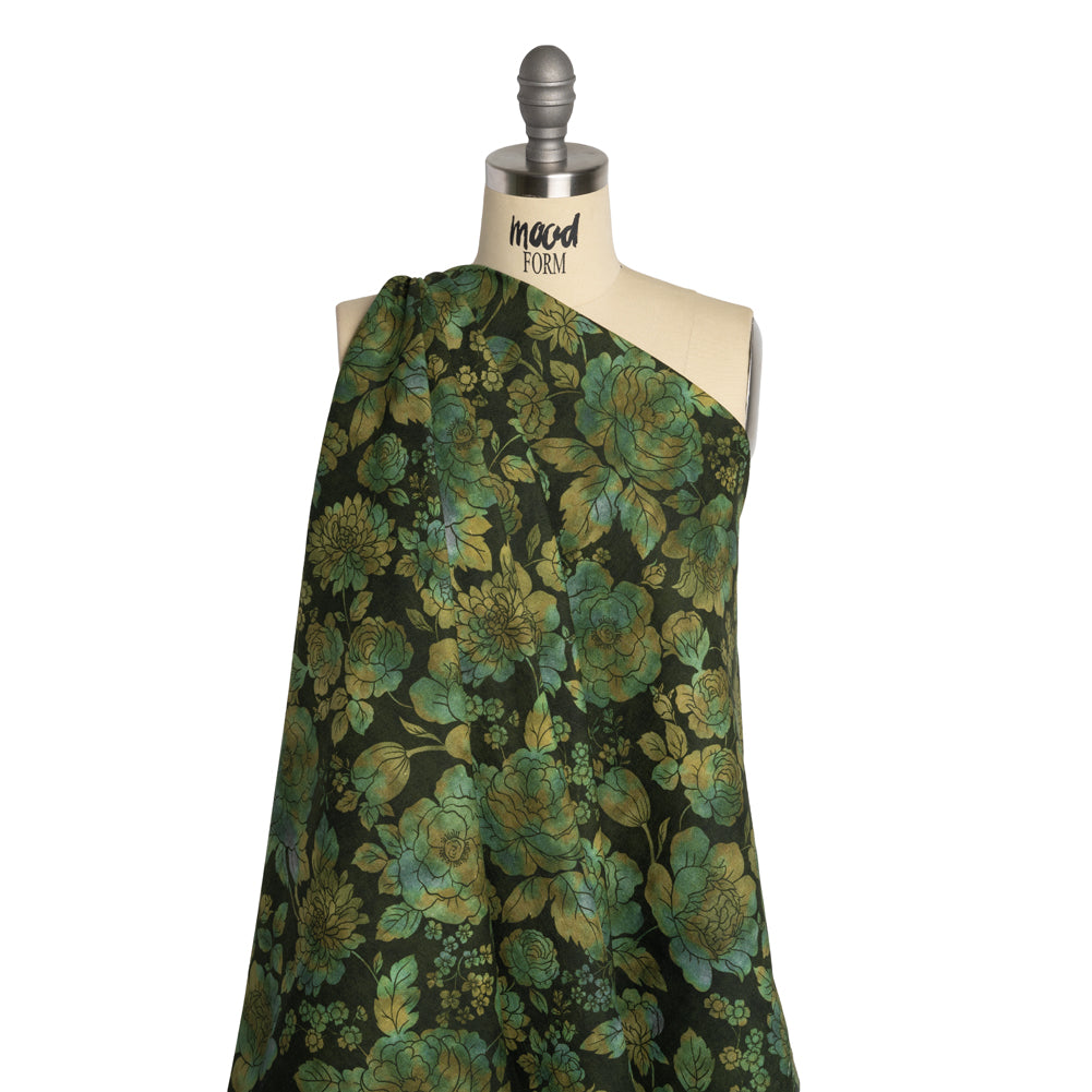 Linen and Rayon Woven - Green, Olive and Navy Floral - Secret Garden Print - Mood Exclusive Acadia Collection - Joann Fabrics