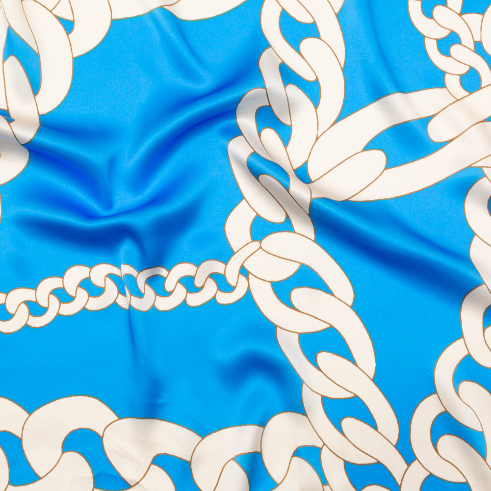 Mood Exclusive Italian Cerulean Blue and Almond Milk Large Chains Digitally Printed Silk Charmeuse - Joann Fabrics