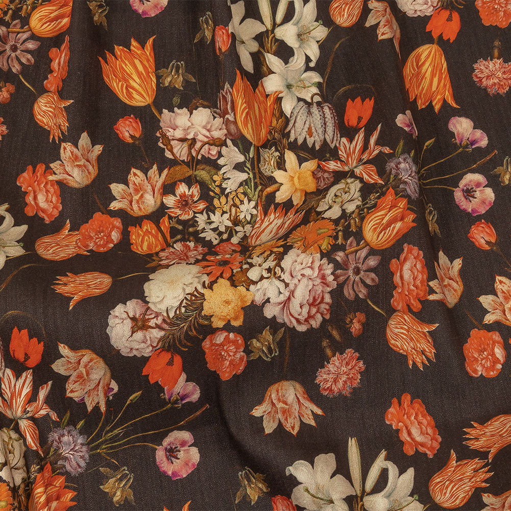 Red, Orange and Dark Brown Bouquets Stretch Linen and Rayon Woven - Joann Fabrics