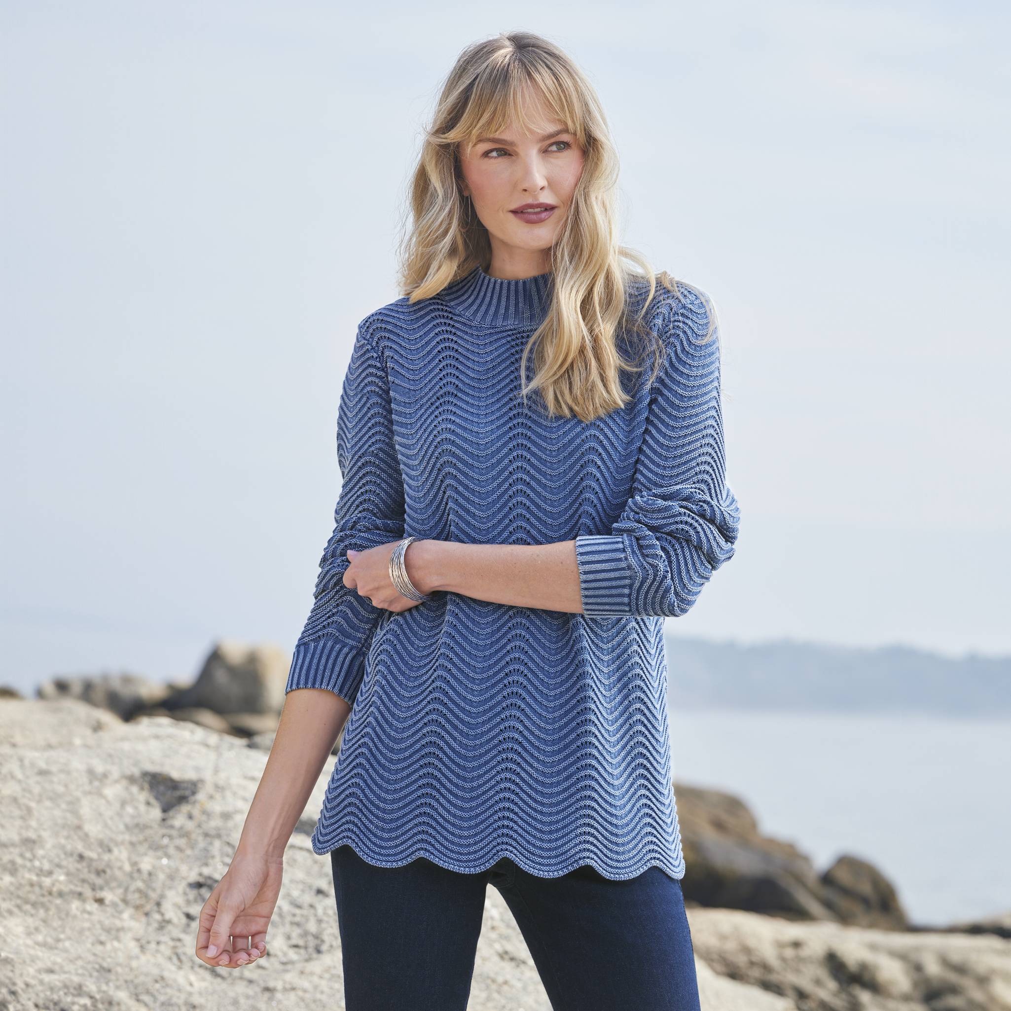 Vintage-Wash Wave-Stitch Cotton Pullover, Scalloped Hem, Ribbed Trim - Northstyle Catalog