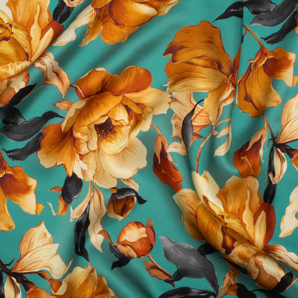 Silk Charmeuse Print 16MM, Made in Italy - Teal, Earthy Orange and Charcoal Blooming Roses - Joann Fabrics