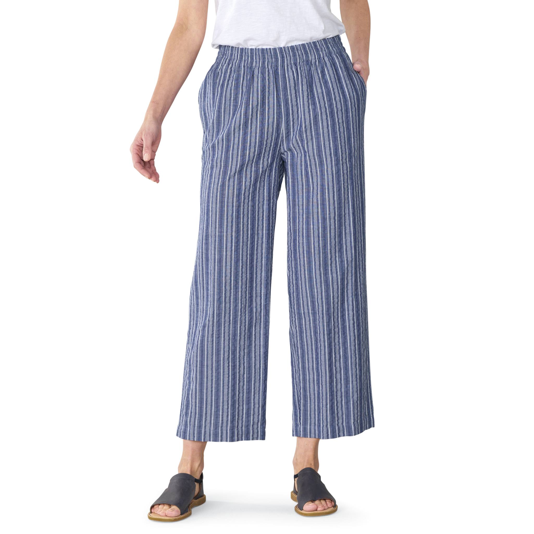 Straight-Leg Striped Cotton Crop Pants, Elastic Waist, On-seam Pockets - Northstyle Catalog