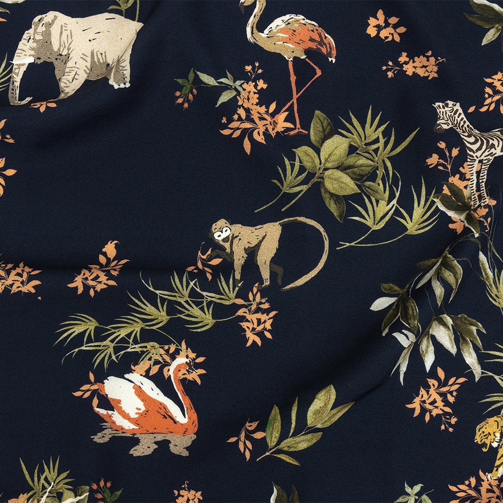Viscose Twill Print - Navy Exotic Animals and Flowers - Mood Exclusive Marvelous Menagerie - Joann Fabrics