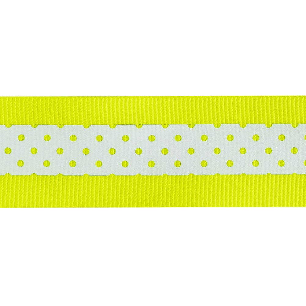 Italian Neon Yellow and White Polka Dot Striped Petersham Grosgrain Ribbon - 1