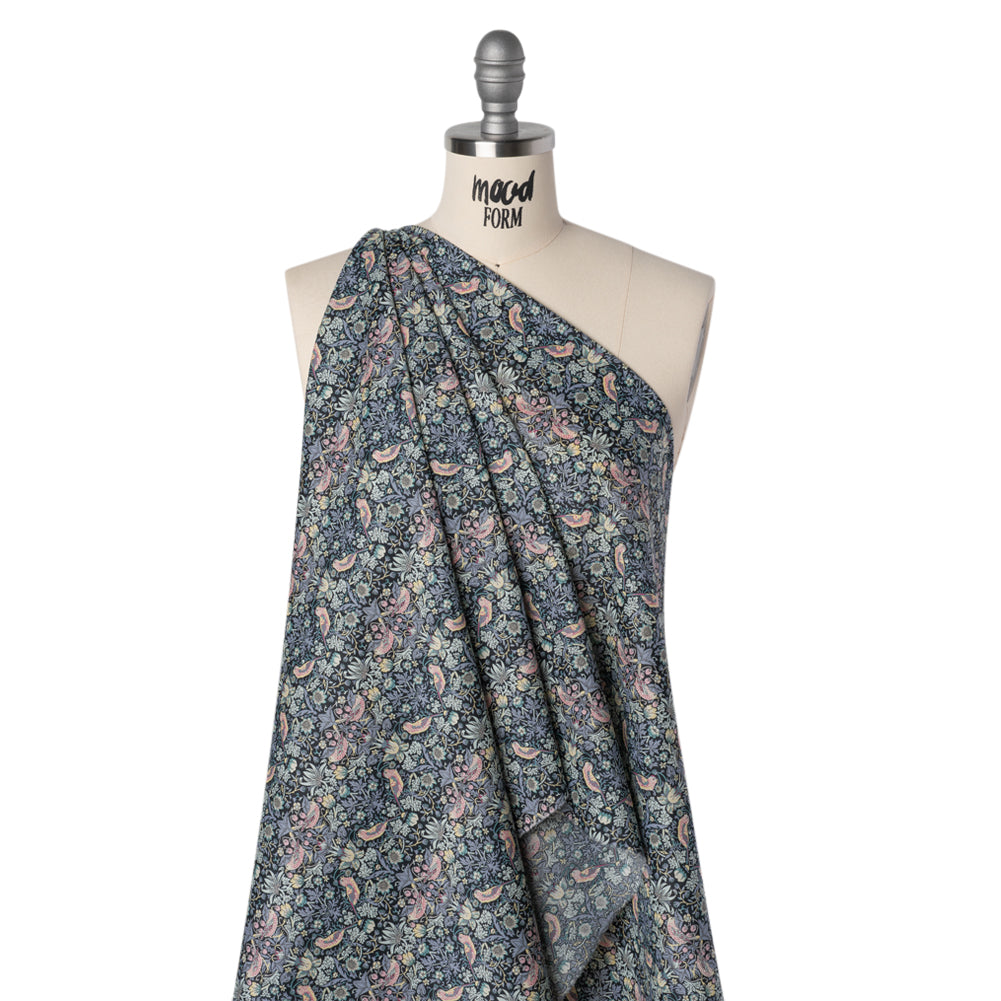 Liberty Fabrics Tana Lawn® - Strawberry Thief Gray - Charcoal, Blue and Pink Birds, Berries and Flowers - Joann Fabrics