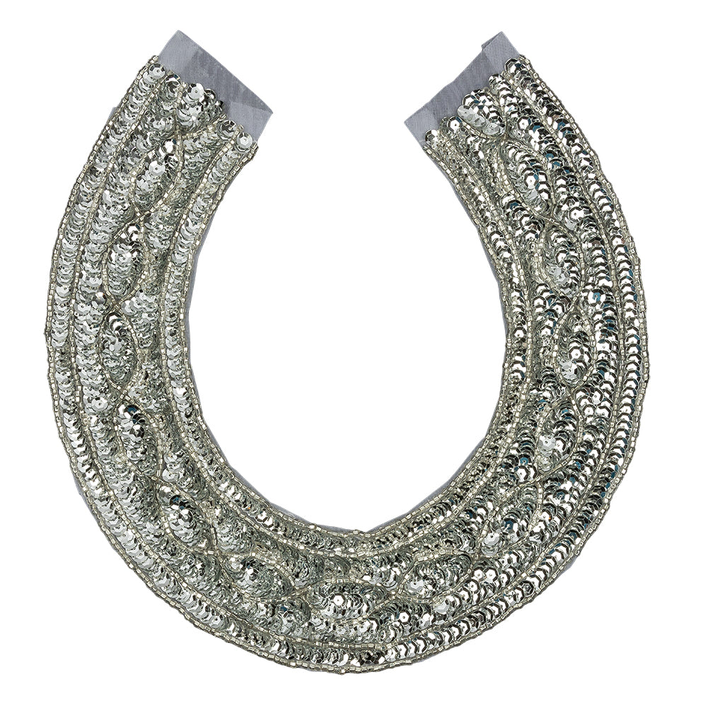 Vintage Metallic Silver Sequined and Beaded Collar Applique - 9.75