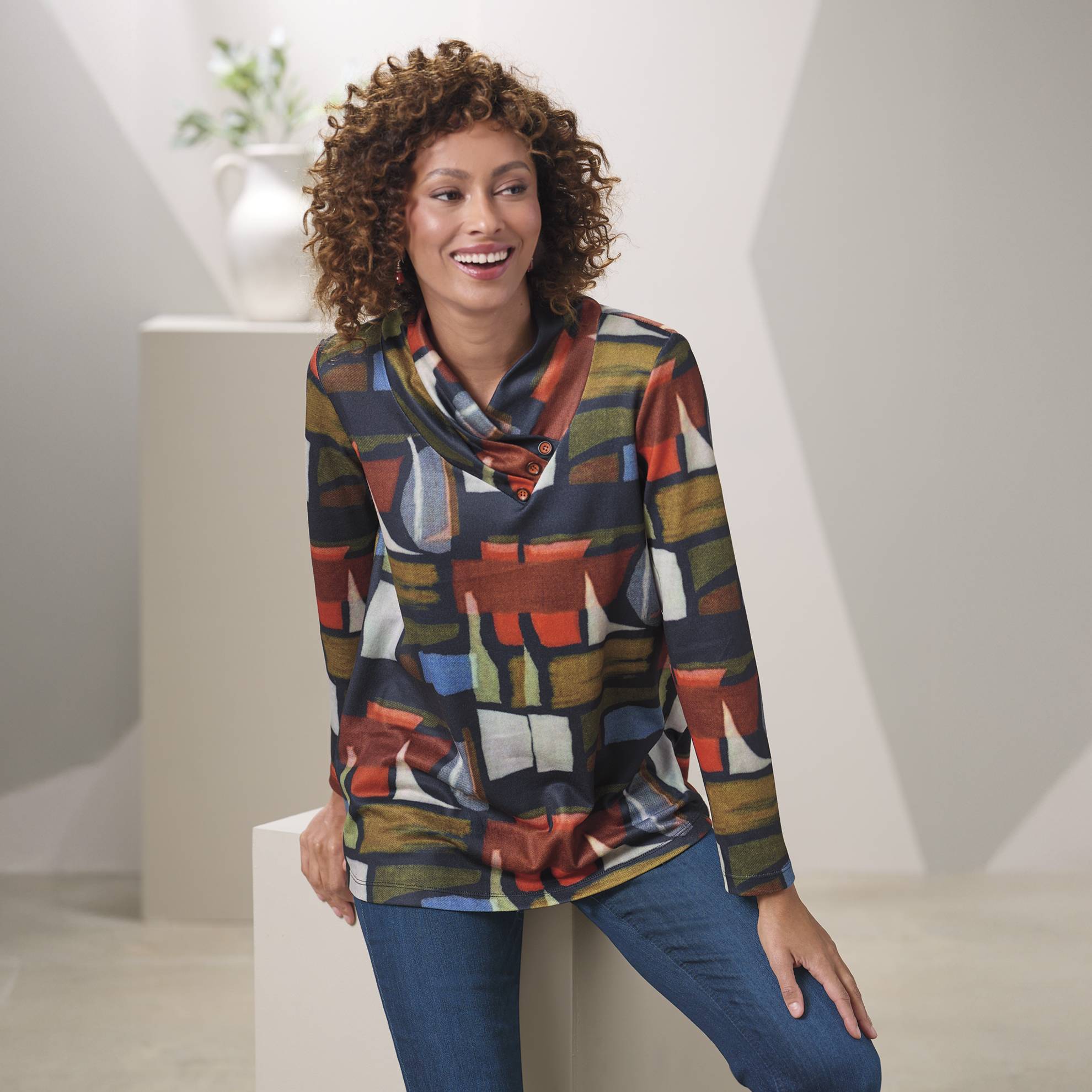 Artistic Mosaic Knit Tunic, Pleated Crossover Neck - Northstyle Catalog
