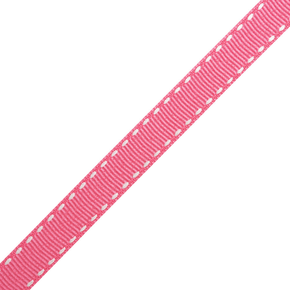 Grosgrain Ribbon with White Stitched Borders - Hot Pink - 0.4375