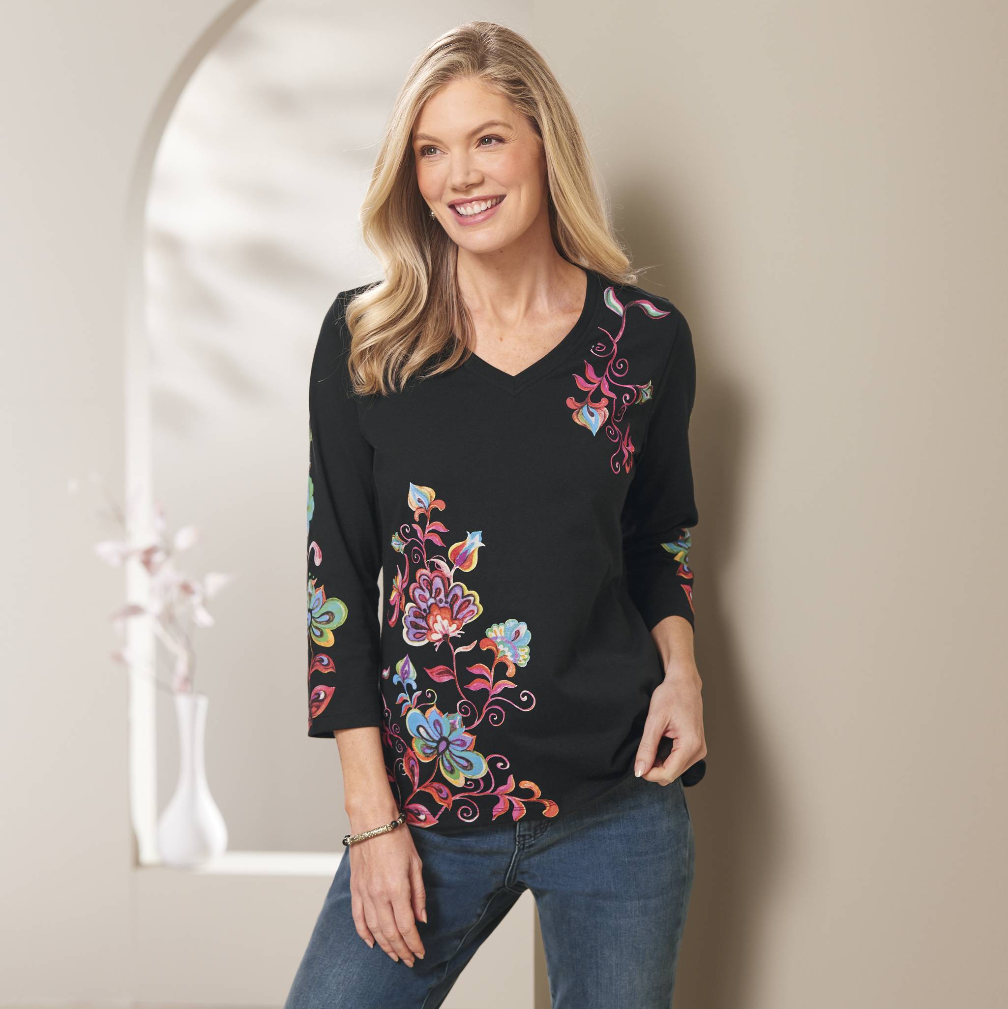 Scrolling Floral Knit Top, Cotton, V-Neck, 3/4 Sleeves - Northstyle Catalog