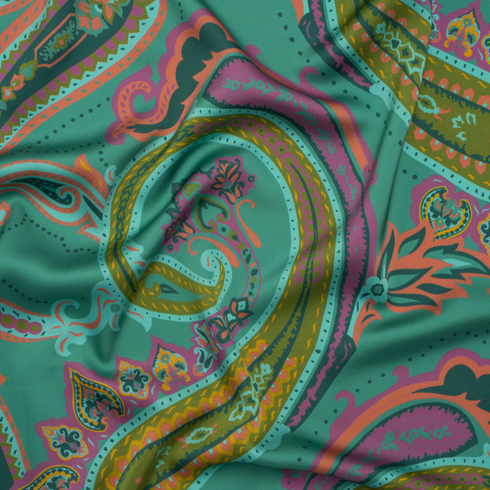 Polyester Satin - Jade Green, Dusty Magenta and Peachy Orange Paisley - Mood Exclusive Swirling Sonata Print - Joann Fabrics