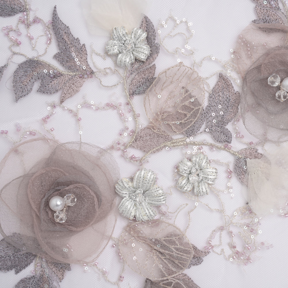 Embroidered and Beaded Tulle with 3D Fabric and Ribbon Flowers - Lilac, Gray and Silver Floral - Joann Fabrics
