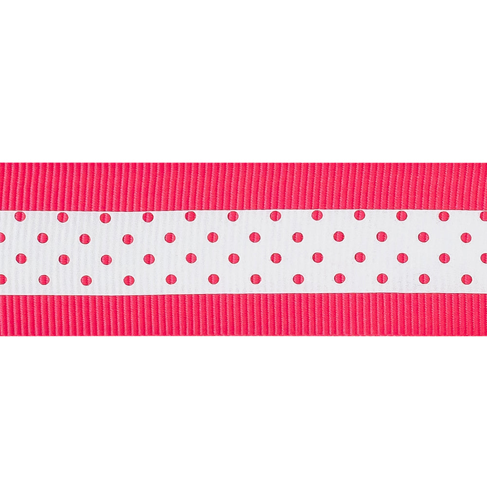 Italian Neon Pink and White Polka Dot Striped Petersham Grosgrain Ribbon - 1
