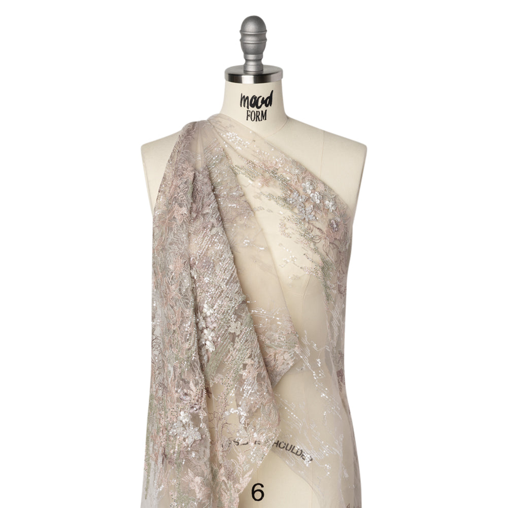 Beaded and Embroidered Tulle with 3D Appliques - Light Gray and Pink Floral Reflections - Joann Fabrics
