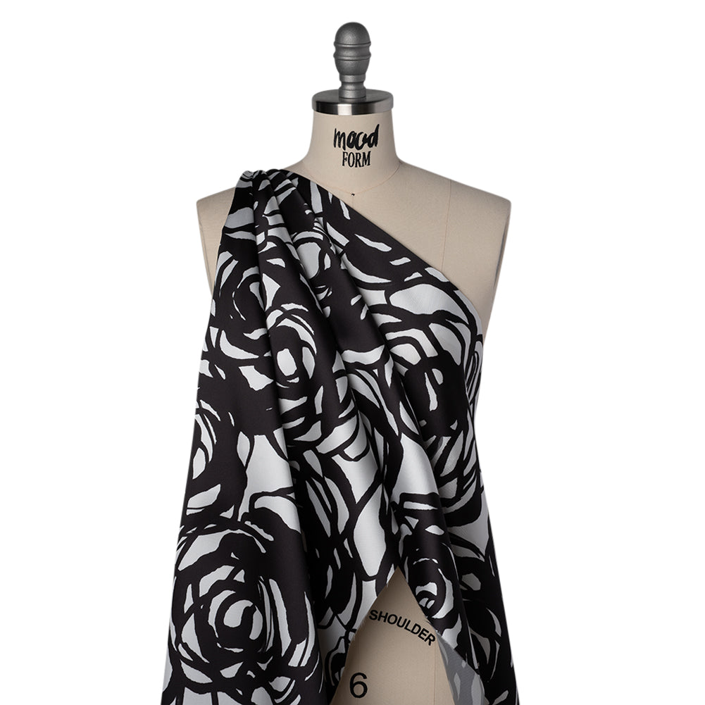 Polyester Mikado Twill Made in Italy - Black and White Ink Brush Roses - Joann Fabrics