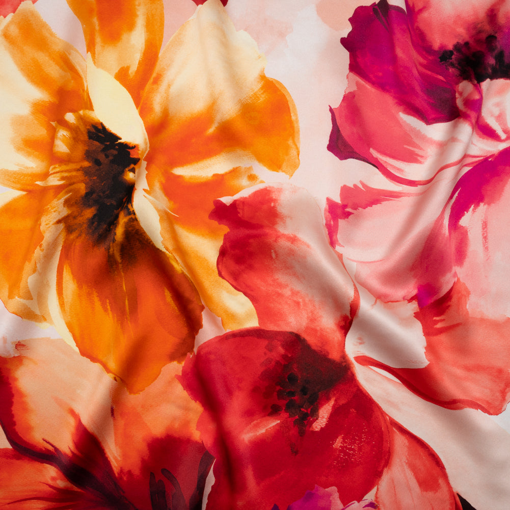 Silk Charmeuse Print 16MM, Made in Italy - Red, Pink and Fuchsia Purple Painterly Flowers - Joann Fabrics