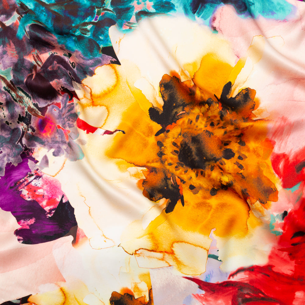 Mood Exclusive Italian Red, Mustard and Teal Abstract Floral Silk Charmeuse - Joann Fabrics