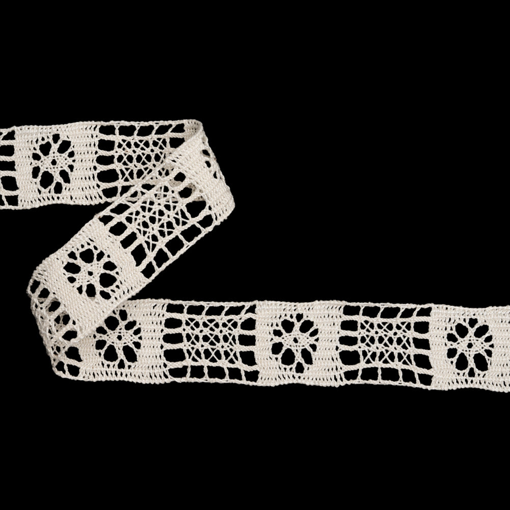 French Off White Flower and Lattice Squares Cotton Cluny Lace Trim - 1.25