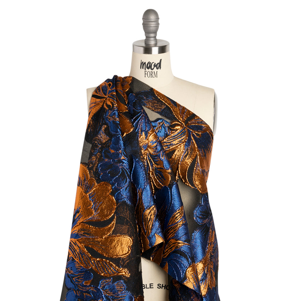 Metallic Royal Blue, Orange and Black Fantastic Flowers Luxury Burnout Brocade - Joann Fabrics