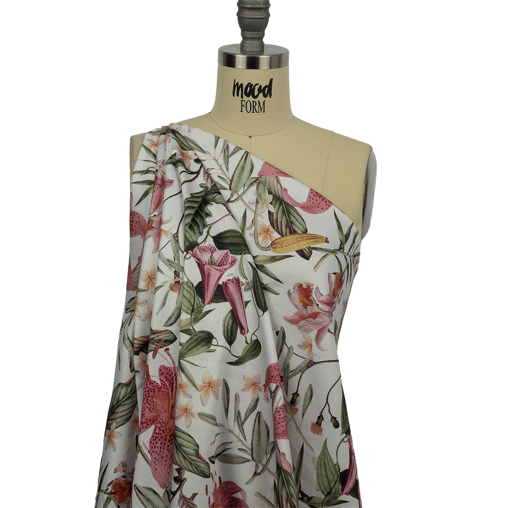 Mercerized Organic Egyptian Cotton Shirting - Green, Pink and White Tropical Flowers - Ravello Collection - Joann Fabrics