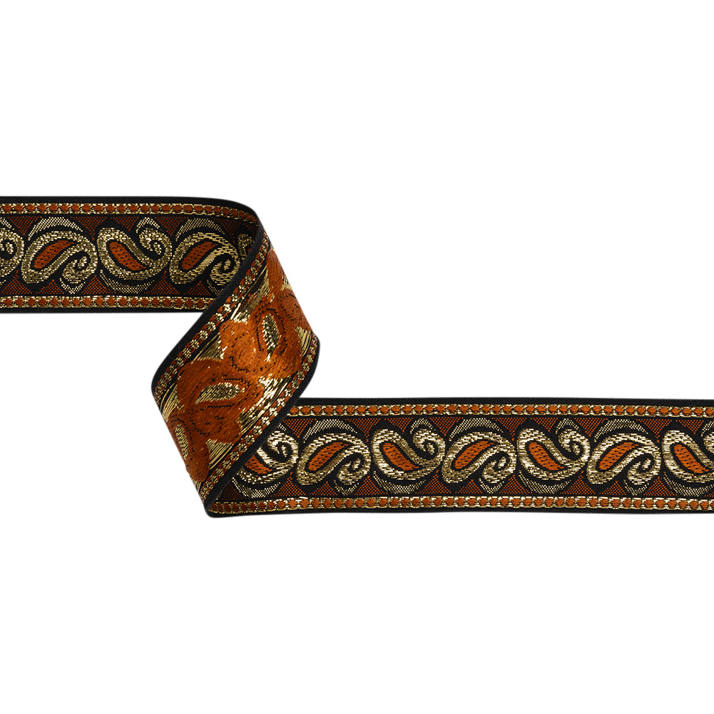 Metallic Jacquard Ribbon - 40mm - Burnt Orange, Black and Gold Dancing Paisleys - Joann Fabrics