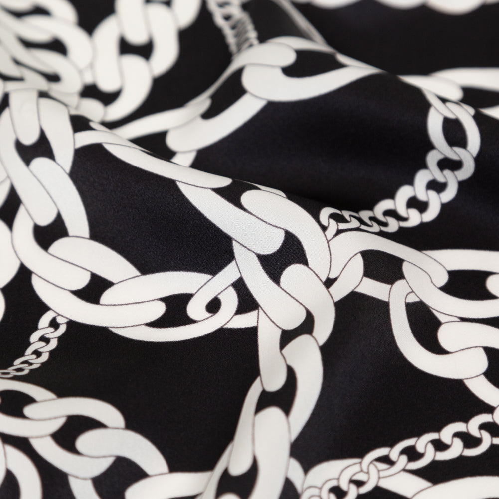Mood Exclusive Italian Black and White Chains Digitally Printed Silk Charmeuse - Joann Fabrics