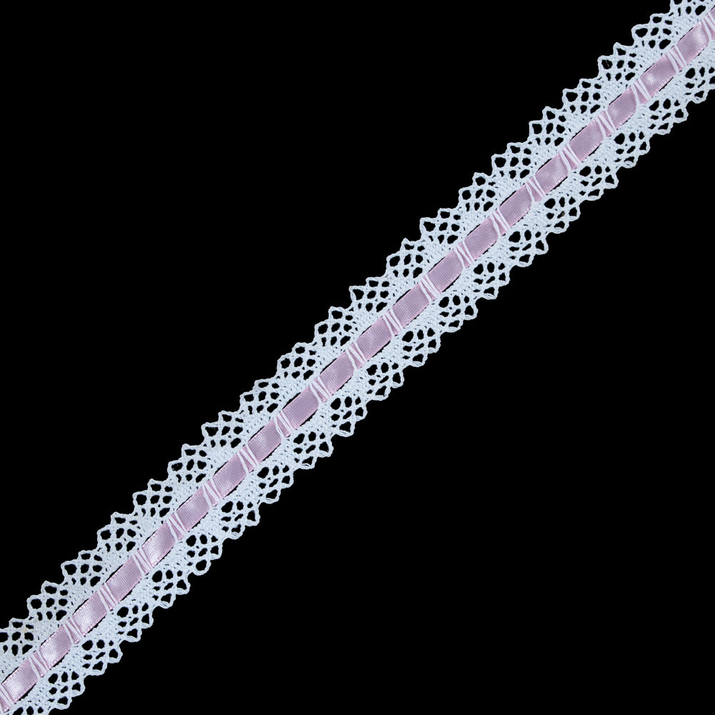 White Crochet Trim with Pink Ribbon - 1.25
