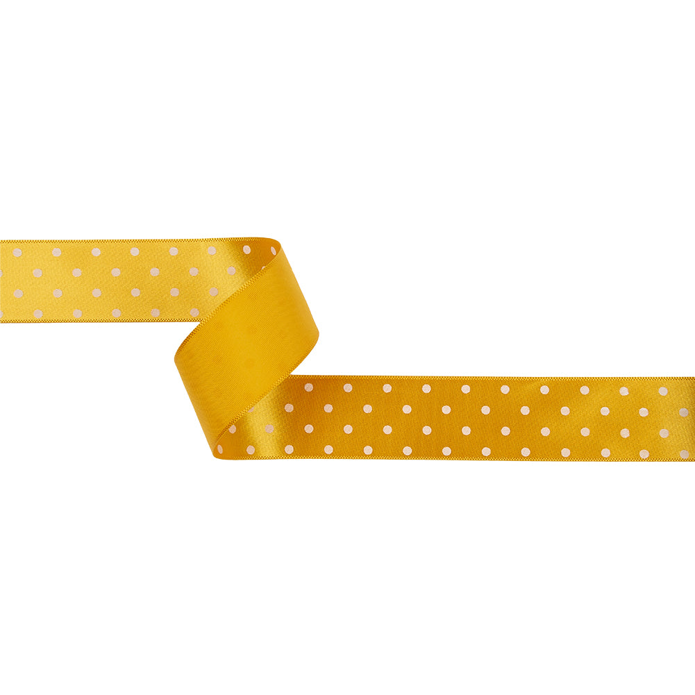 Golden Yellow and White Polka Dot Satin Ribbon - 1