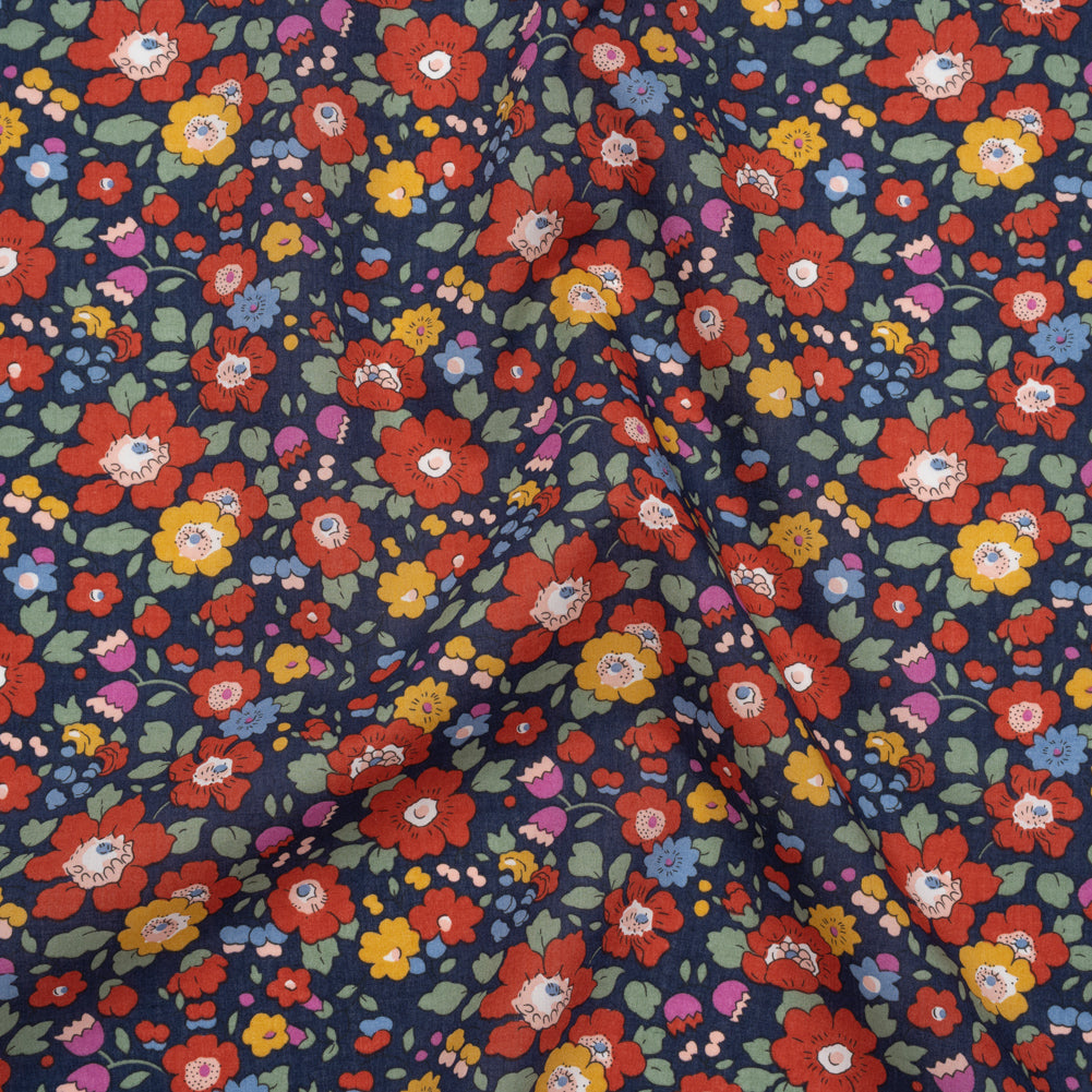 Liberty Fabrics Tana Lawn® - Betsy Meadow Multi Bright - Navy Blue, Red and Yellow Illustrated Floral - Joann Fabrics