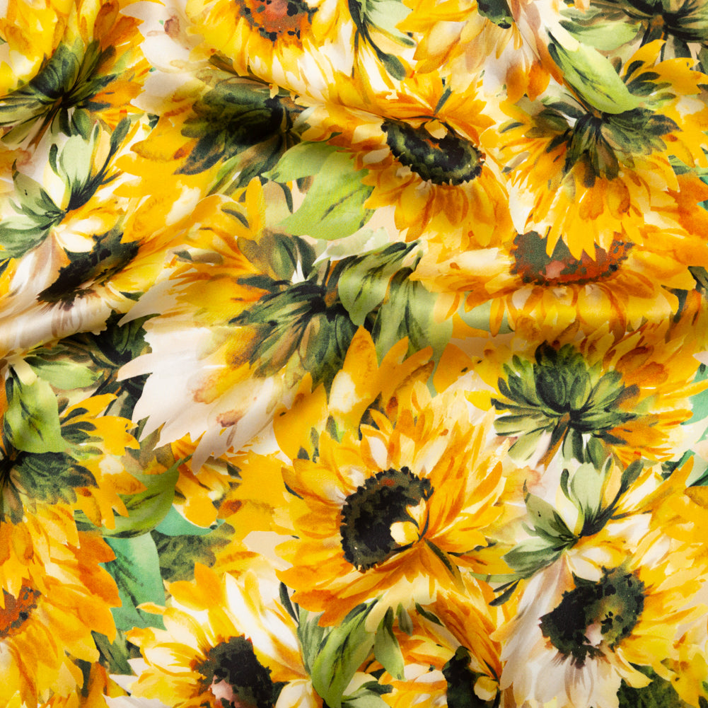 Mood Exclusive Italian Yellow and Green Sunflowers Digitally Printed Silk Charmeuse - Joann Fabrics
