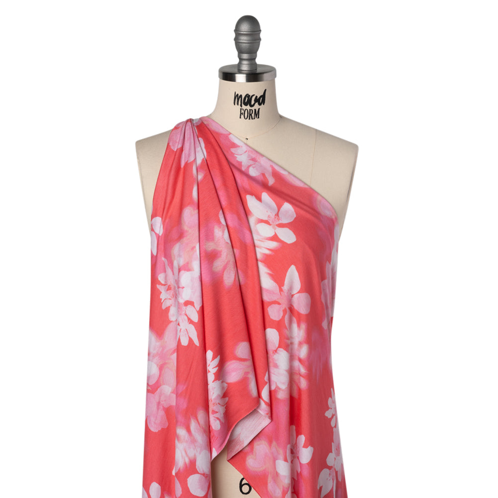 Stretch Rayon Jersey - Coral, Pink and White Soft Florals - Deadstock - Joann Fabrics