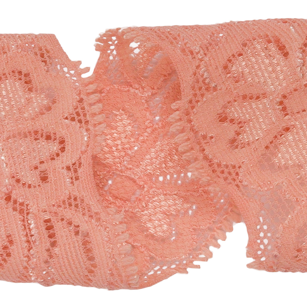 Famous NYC Designer Salmon Floral Stretch Re-Embroidered Lace Trim - 1.5