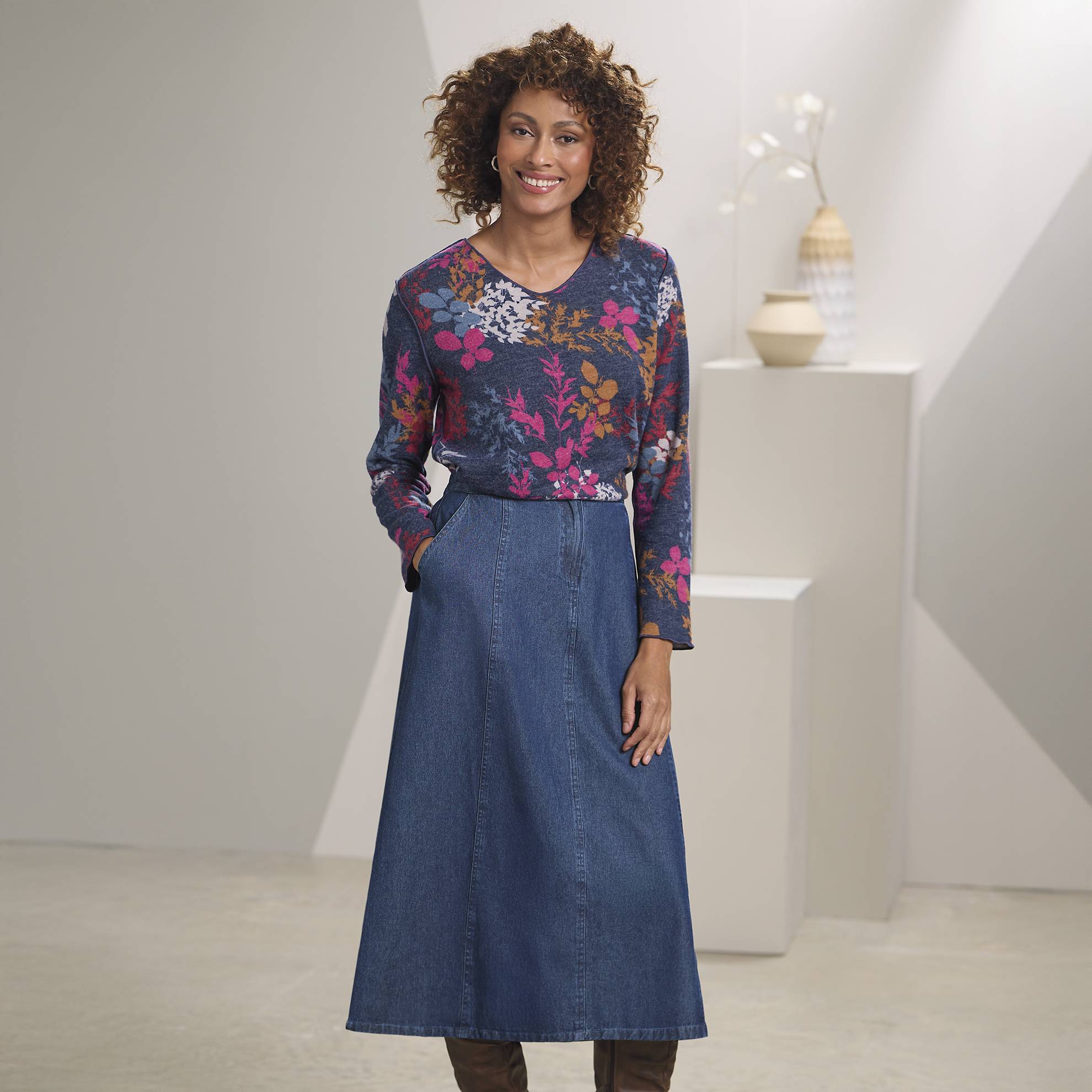 Cotton Denim Boot Skirt, Zip Fly, Back-Elastic Waist, Pockets - Northstyle Catalog