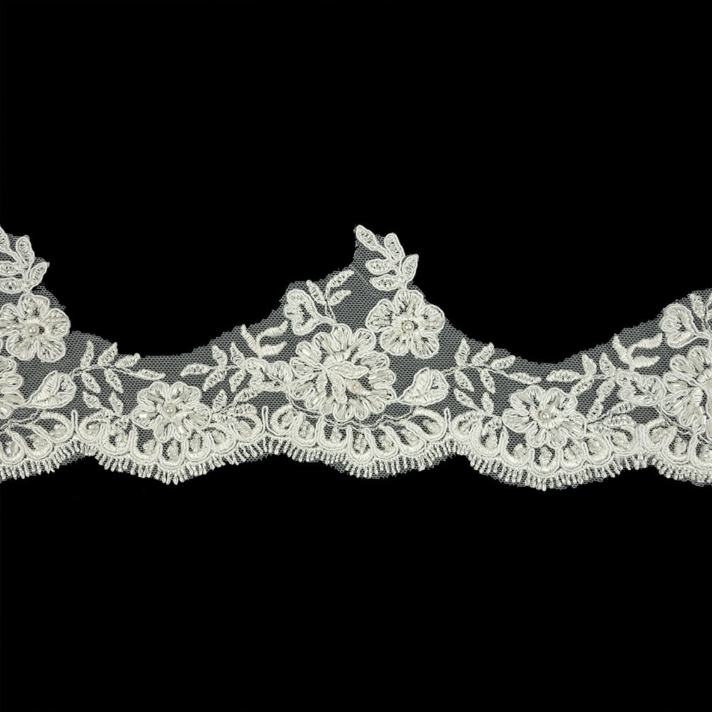 Off White Scalloped Floral Beaded and Corded Bridal Lace Trim - 3.5