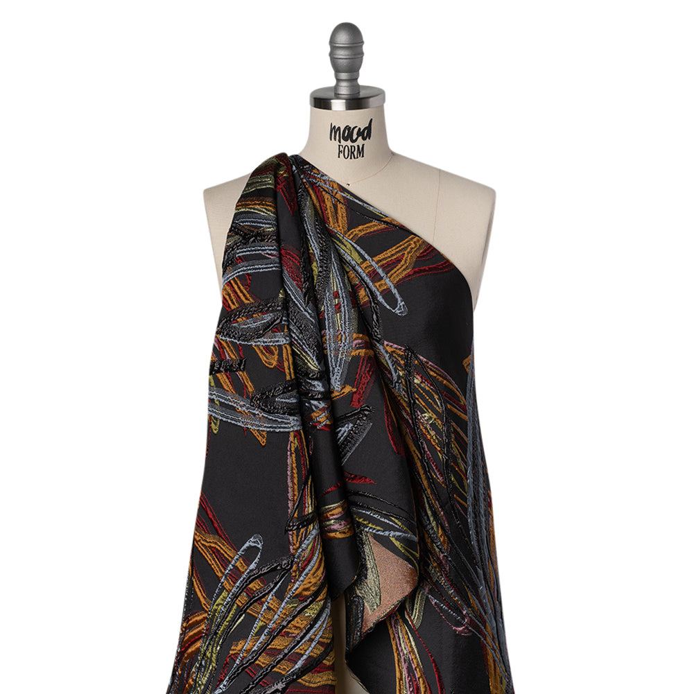 Metallic Polyester and Acetate Brocade - Golden Orange, Dusty Blue and Black Bunches of Leaves - Joann Fabrics