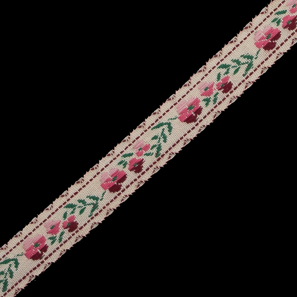 Pink, Burgundy and Beige Floral German Jacquard Ribbon - 0.5
