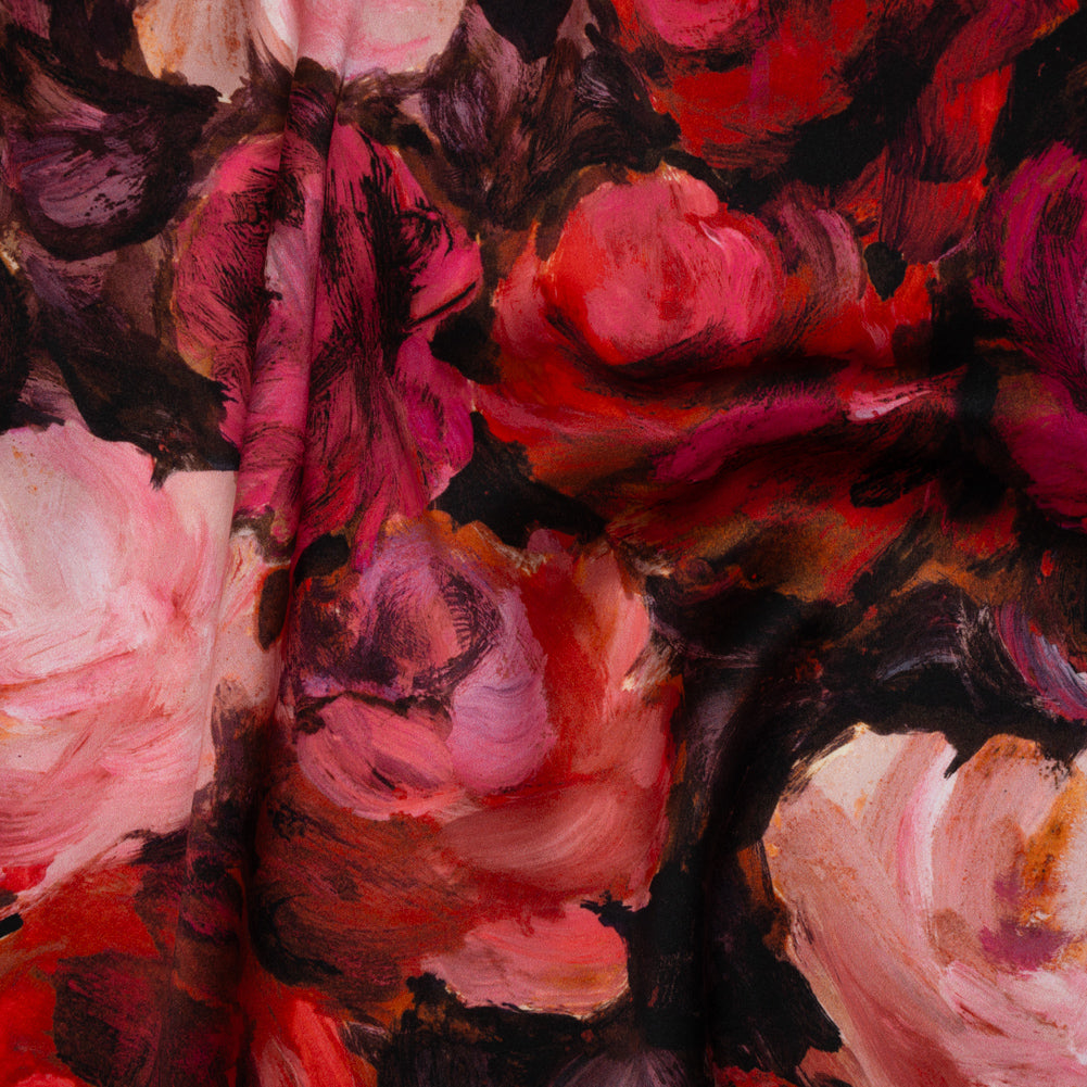 Silk Charmeuse Print 16MM, Made in Italy - Red, Pink and Brown Painted Roses - Joann Fabrics