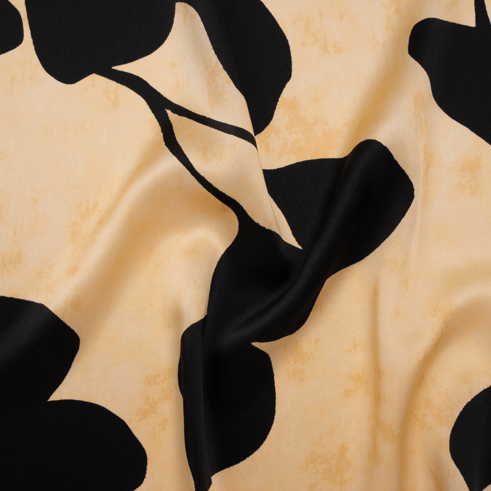 Silk Charmeuse Print 16MM, Made in Italy - Mottled Beige and Black Plant Silhouettes Border - Joann Fabrics