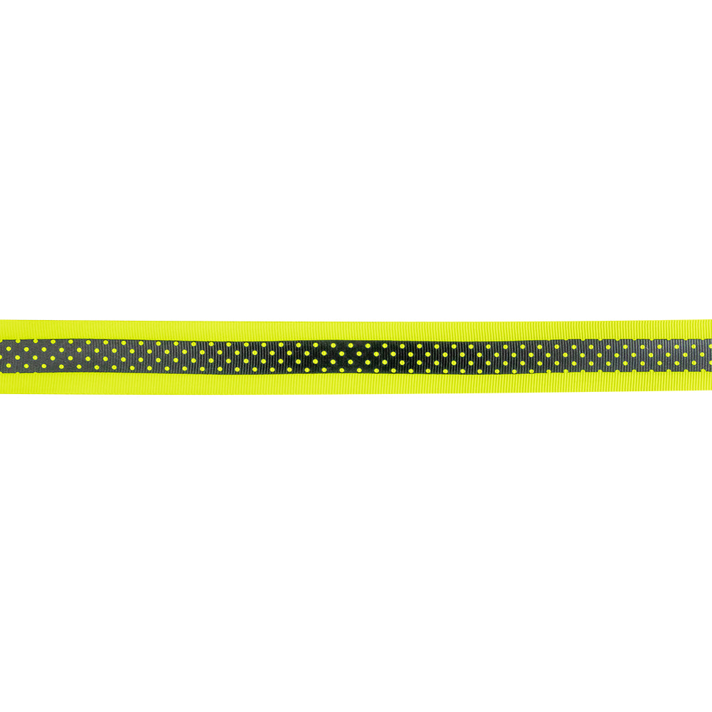 Italian Neon Yellow and Black Polka Dot Striped Petersham Grosgrain Ribbon - 1