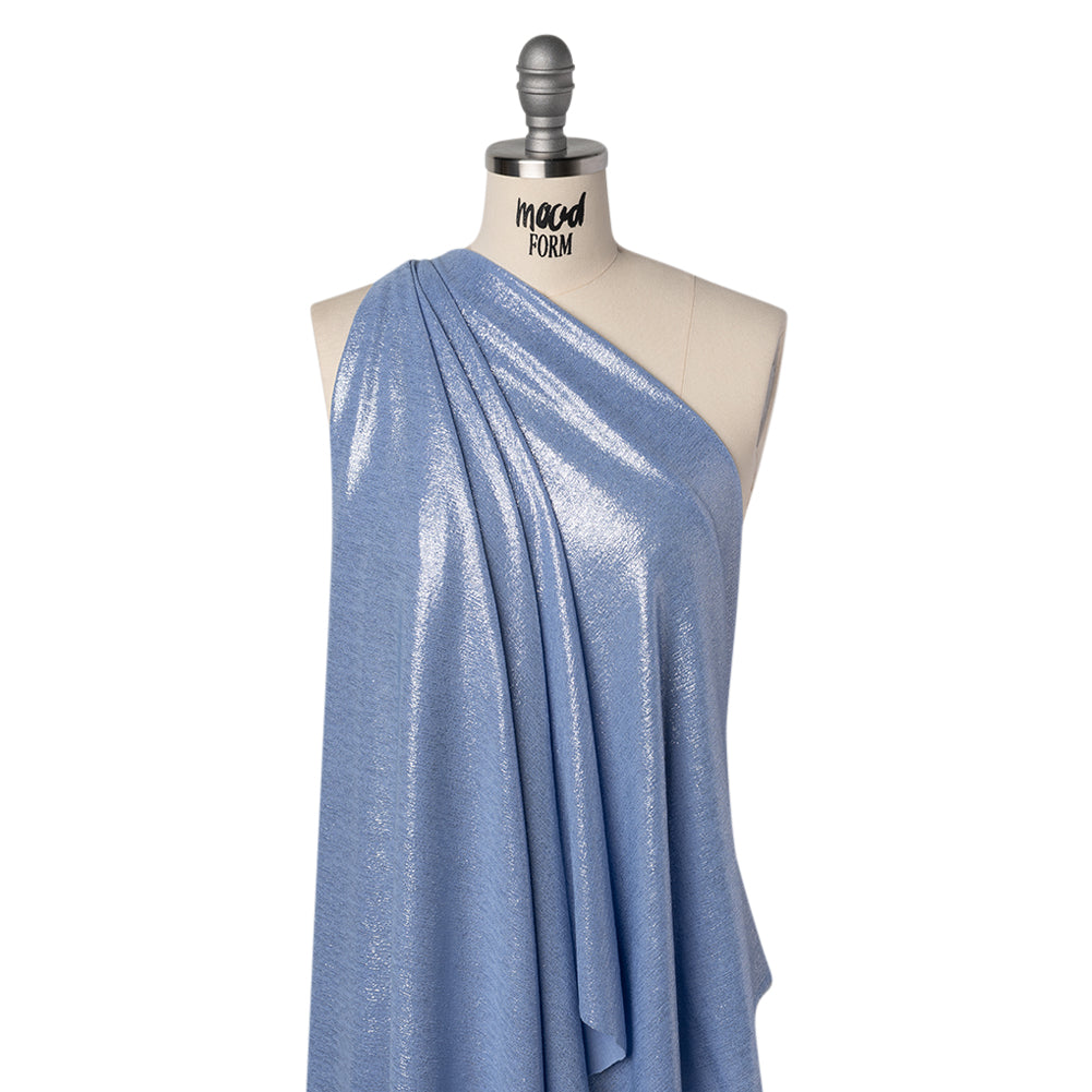 Metallic Foiled Uneven Stretch Rib Knit - Silver on Sky Blue - Estelle Collection - Joann Fabrics