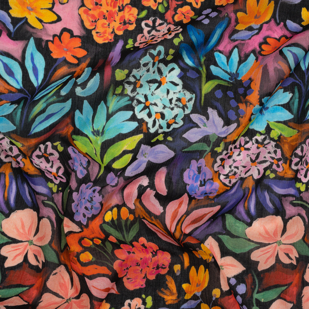 Crinkled Cotton Gauzy Woven - Orange, Green and Purple Painterly Floral - Mood Exclusive Picture Book Petals Print - Joann Fabrics