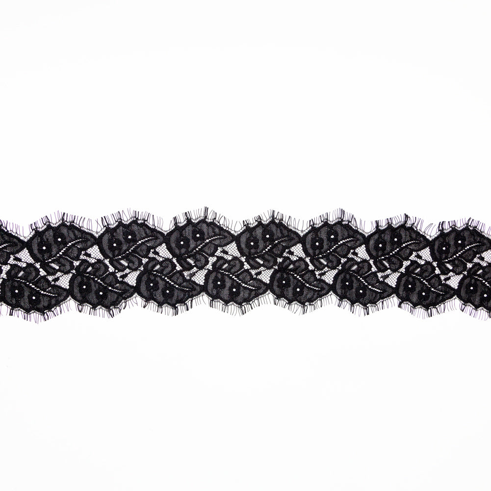 European Black Leaf Embroidered Scalloped Eyelash Edge Lace Trim - 3.5