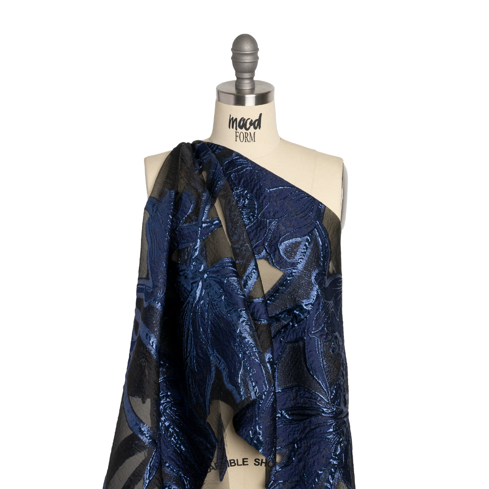 Metallic Navy and Black Twirling Tulips Luxury Burnout Brocade - Joann Fabrics