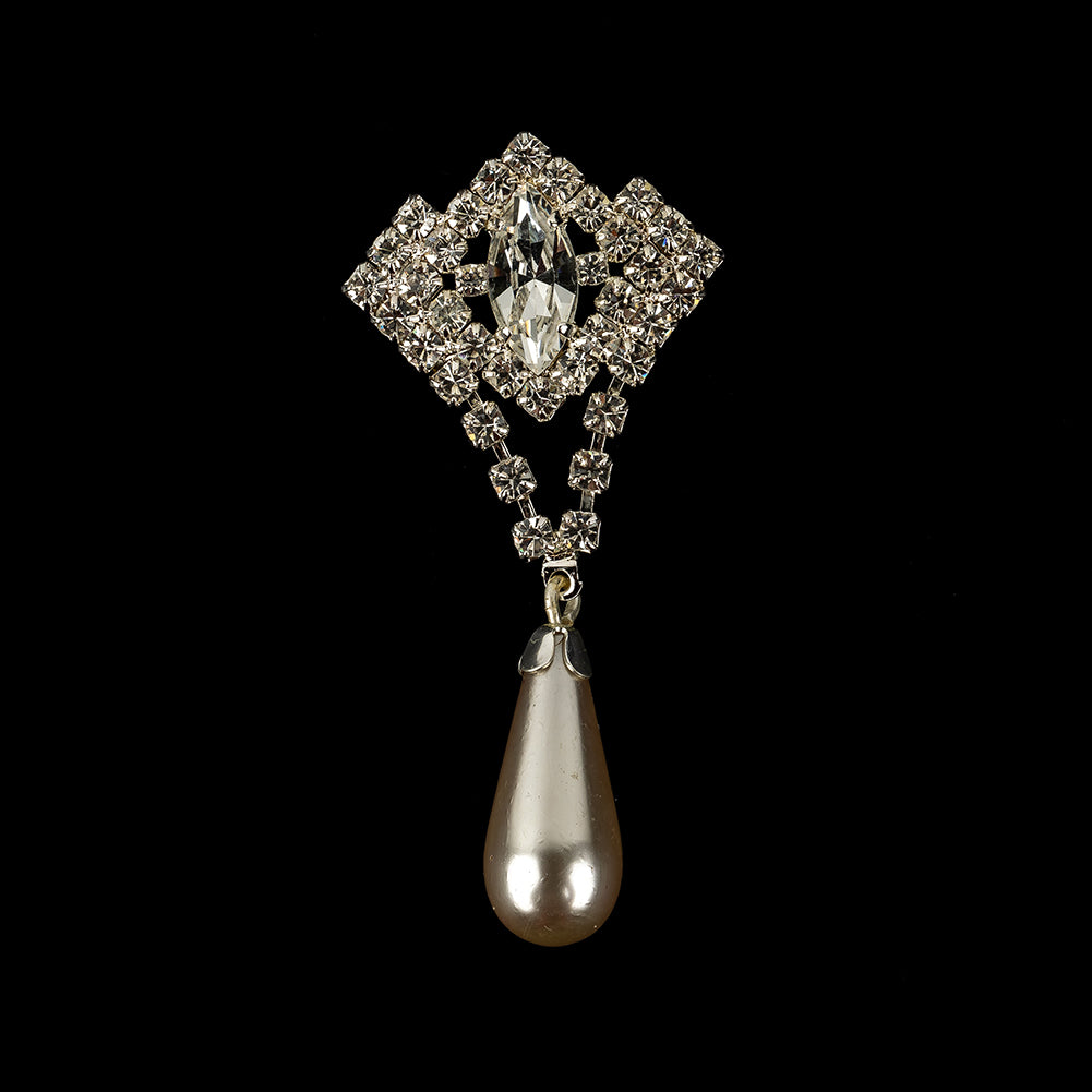 Vintage Crystal Rhinestones and Silver Metal Pearl Drop Classical Ornament with Beaded Center - 2.375