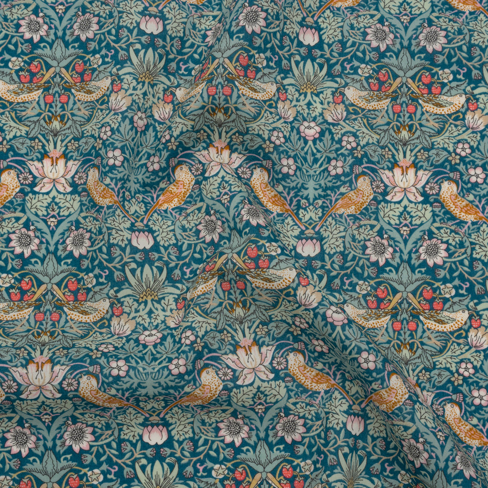Liberty Fabrics Tana Lawn® - Strawberry Thief Turquoise Blue - Teal, Mint Green and Rust Orange Birds, Berries and Flowers - Joann Fabrics